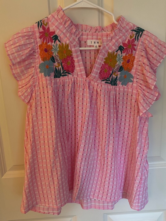 THML Tops - THML Pink Gingham Flutter Sleeve Top with Floral Embroidery